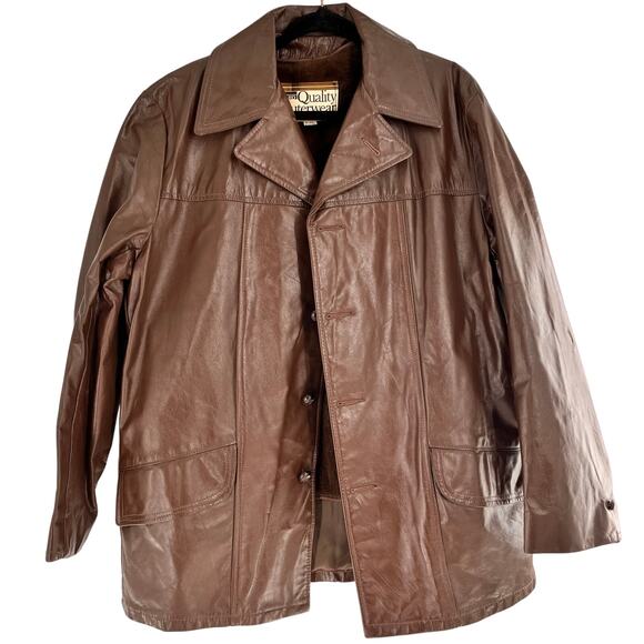 Vintage men's 1970's size 42 chocolate brown faux fur lining leather coat - Picture 1 of 6